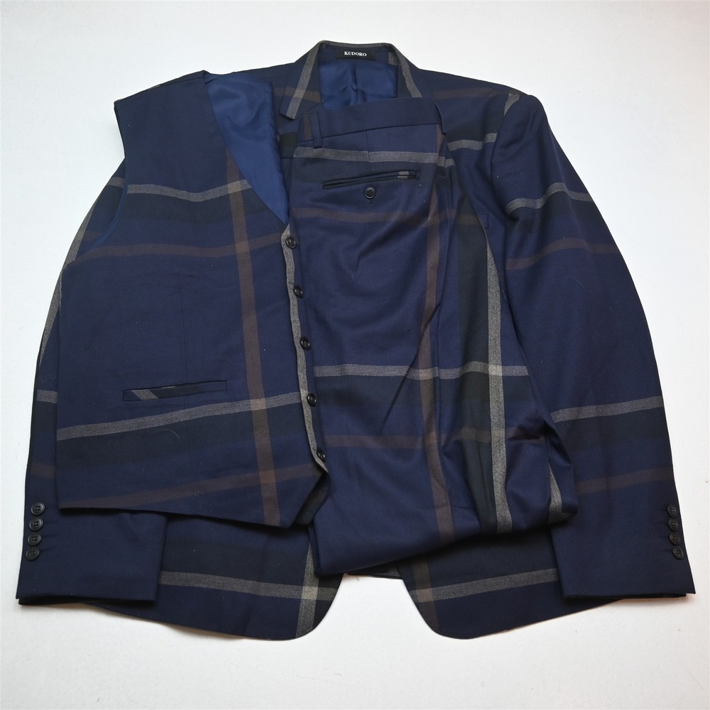 Kudoro‎ 48L 36x34 Blue Plaid Slim 3 Piece Vest Mens Jacket Pants Suit